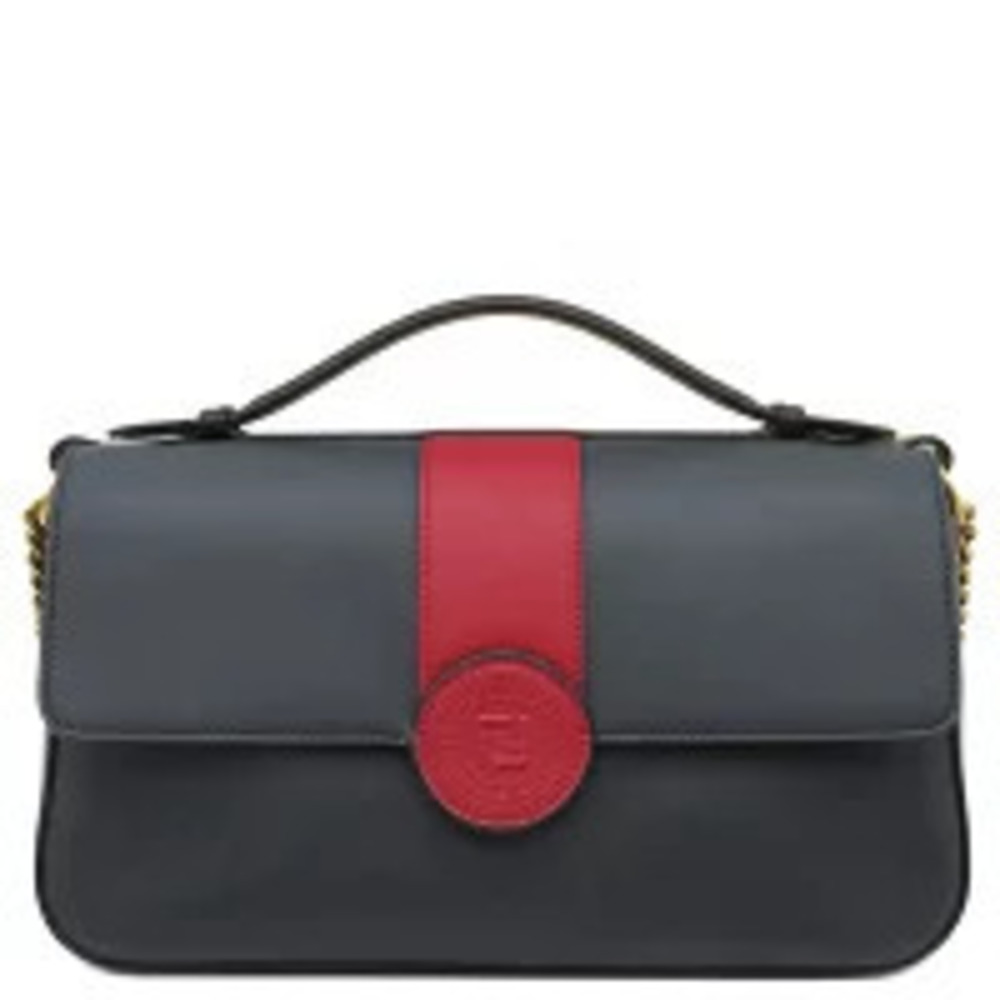 Fendi Shoulder Bag Double F Chain Leather Navy Blue Red Face